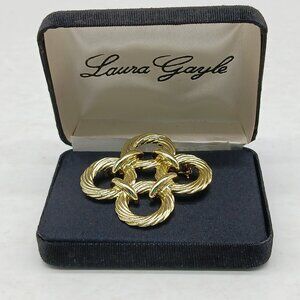 Vintage Laura Gayle Goldtone Circle Swirl Brooch Pin w/ Box